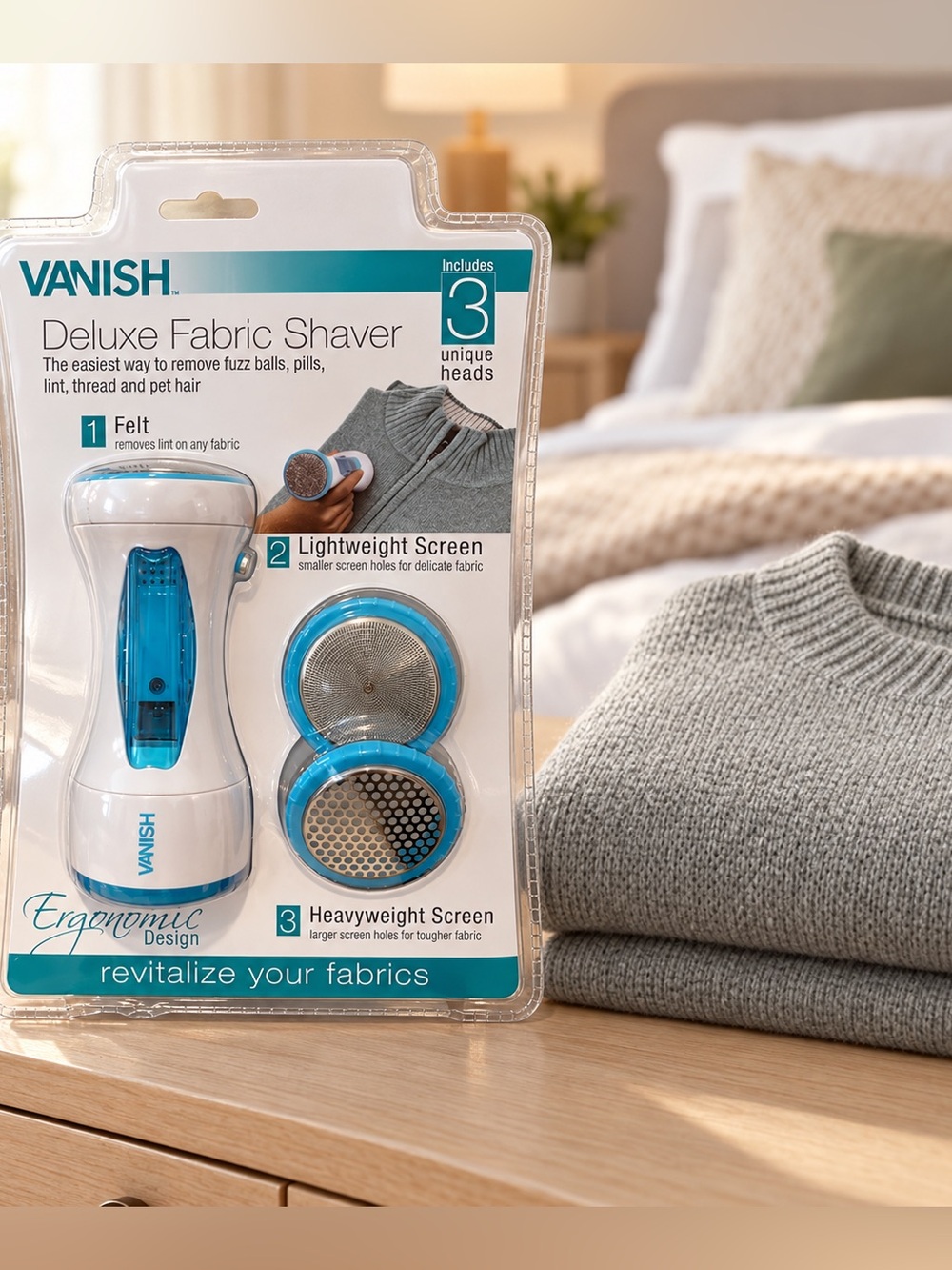 Vanish Deluxe Fabric Shaver Lint & Pill Remover 3 Heads NEW Sealed